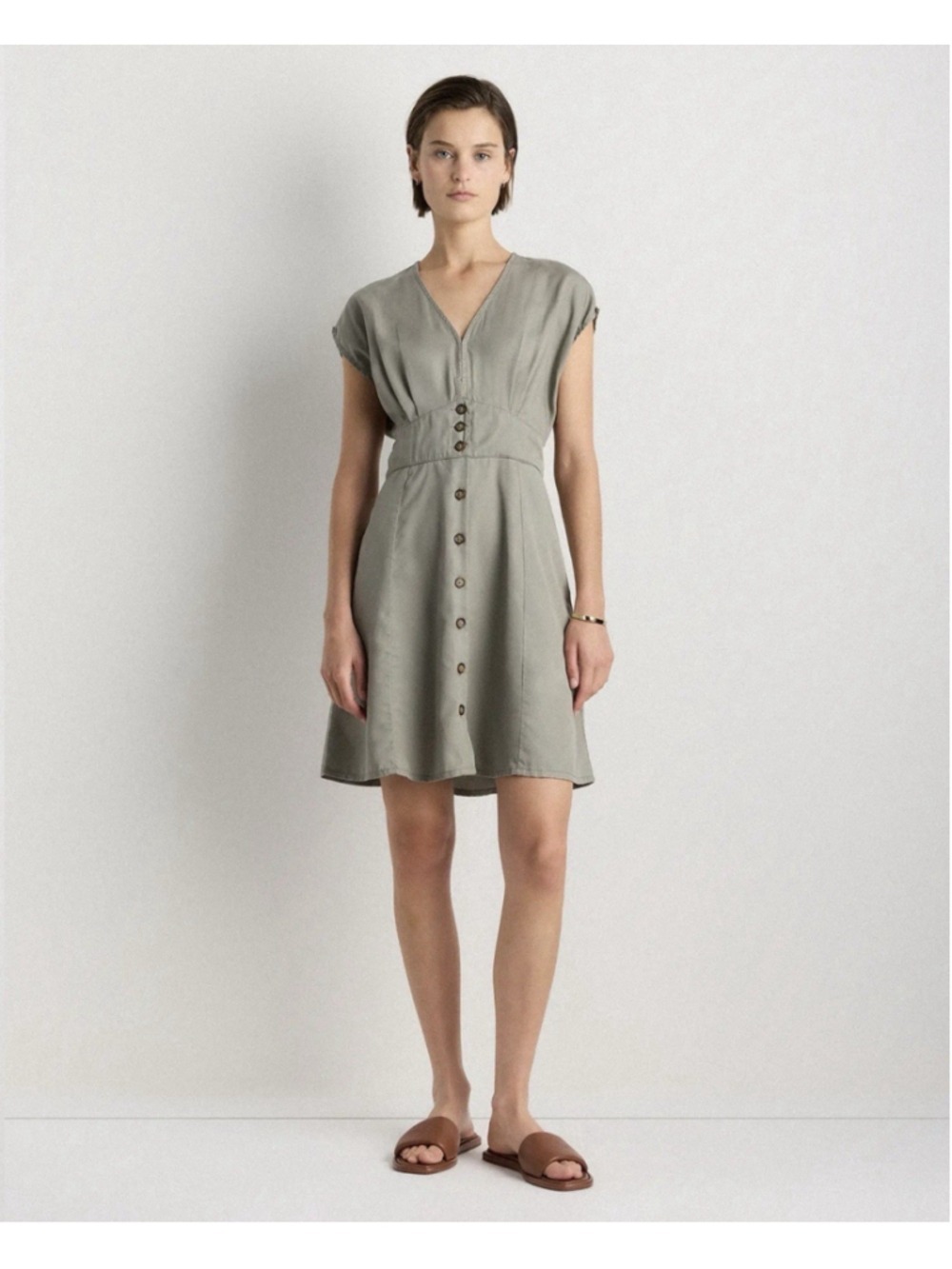 Quince Vintage Wash Button Down Mini Dress M Tencel Olive Green Nature Utility - Picture 2 of 11